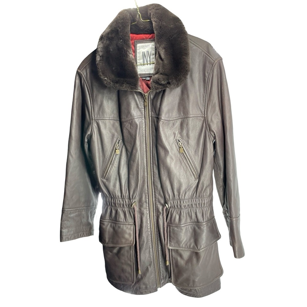 Jones New York Women's Jacket Parka Brown Leather Vintage 90s Small